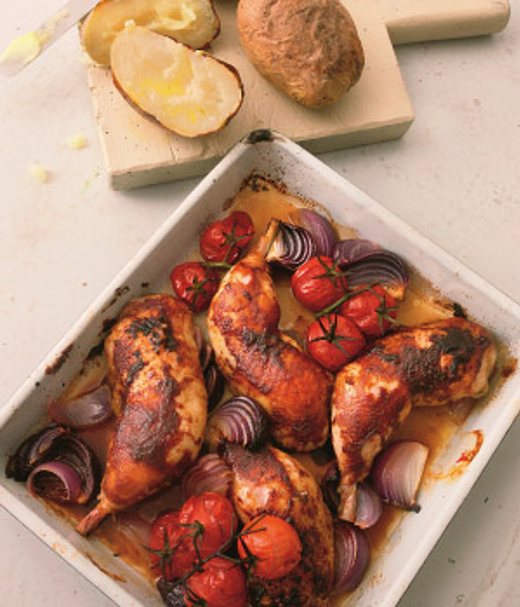 Gekarameliseerde kip met pofaardappelen